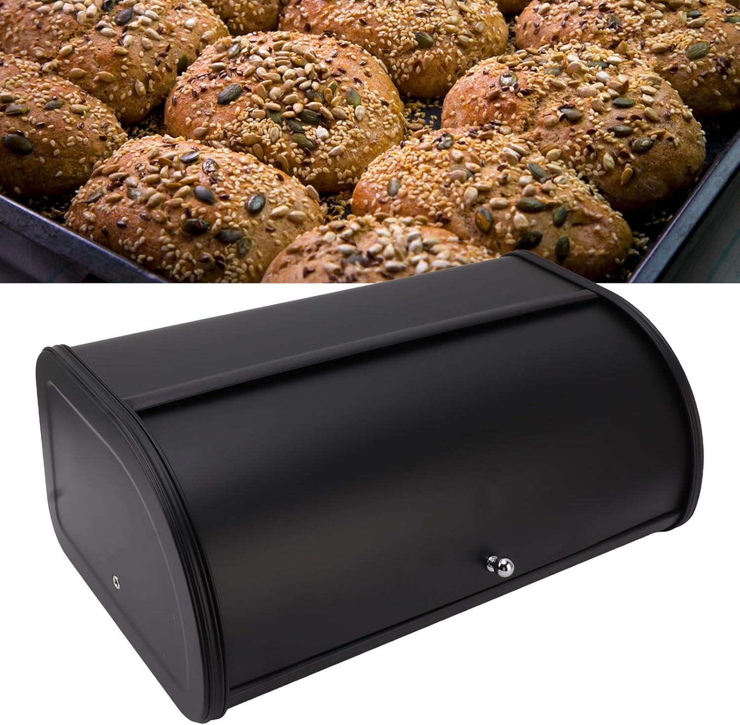 Ayayu Modern Industrial Minimalistic Black Metal Bread Box, Rectangular, 43.5 Cm (L) X 18 Cm (W) X 27 Cm (H), Roll up Lid, Bread Bin image number 3