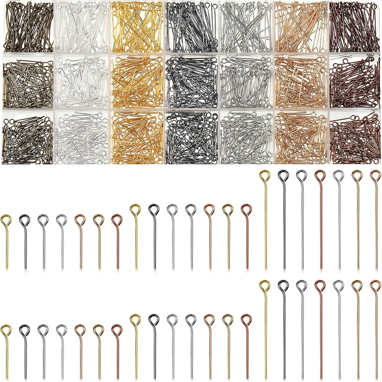 1400 Pieces Eye Pins Mix Jewelry Findings - 0.63, 0.79, 1.18 Inch Open Head Pins for DIY Necklace Making (Gold, Silver)