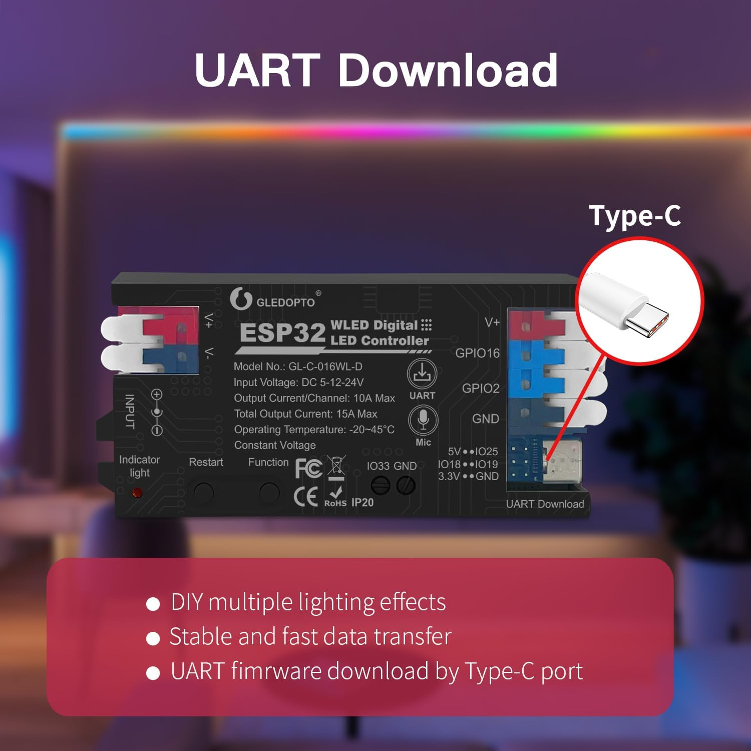 LED WLED Driver ESP32 15A Built-In Microphone Fuse Music Mode UART USB Type C Power Saving Relay APP Control Easy Wiring for RGB IC Addressable Digital WS2811 WS2812 image number 2
