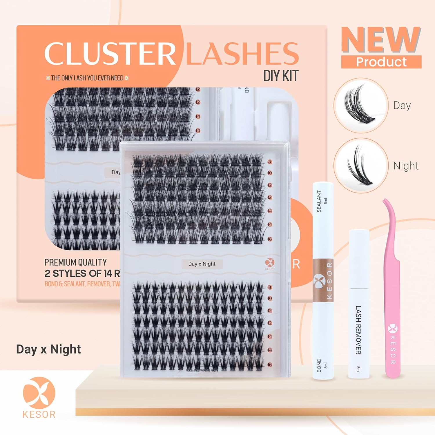 KESOR Lash Cluster DIY Extension Kit 168 Pcs 8-16Mm Premium Quality 2 Style, Bond, Sealant, Lash Applicator Tool, C Curl Mixed Natural & Volume Look in One Kit Soft Thin Band (8-16Mm at Home Kit) (Day X Night) image number 6