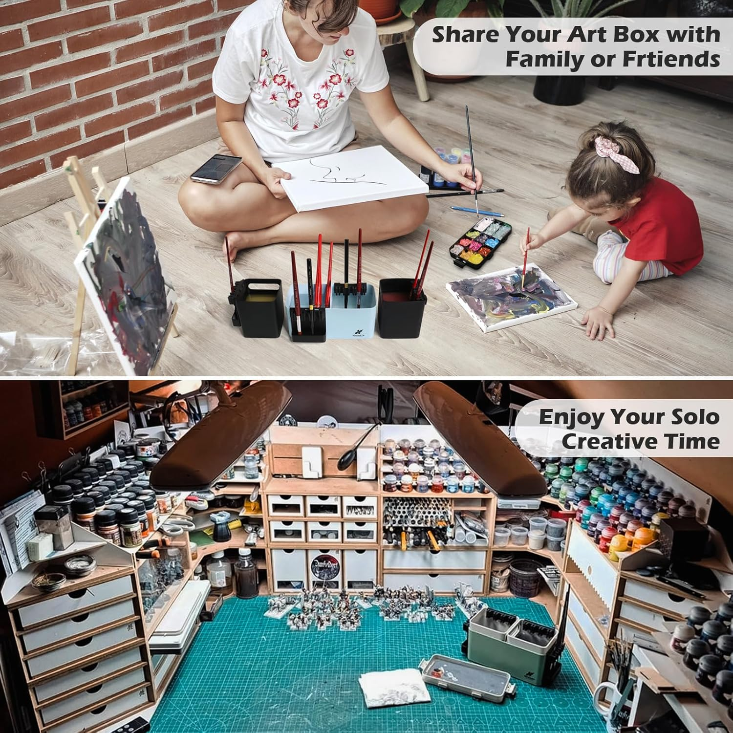 KRYDRUFI Portable All-In-One Modular Painting Station with Paint Brush Cleaner and Holders,Wet Paint Palette Tray with Lid for Miniature Painting and Acrylic (Blue Black, Standard) image number 3