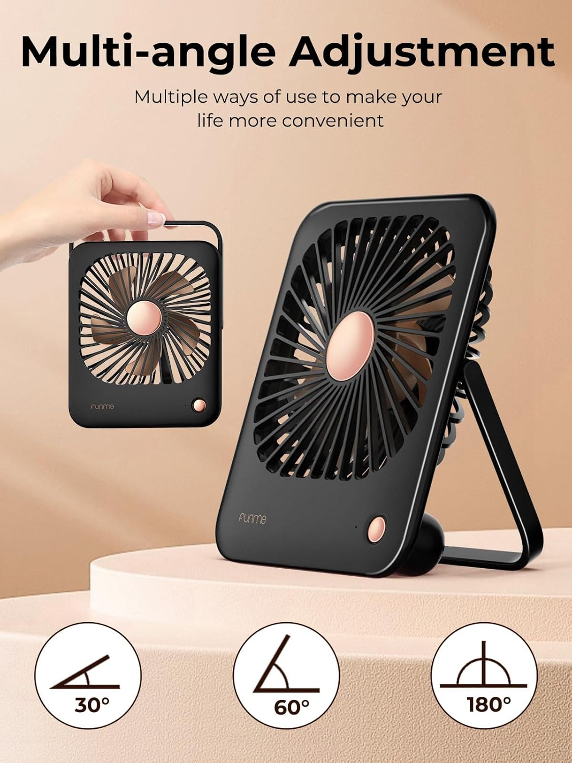 Funme&reg; Small Battery Desk Fan, Exquisite Table Fan Silent 180&deg;Foldable Portable 3000 Rechargeable Battery Powered Golden Fan Blades Strong Wind for Hot Flashes Makeup Travel Shopping Home-Black