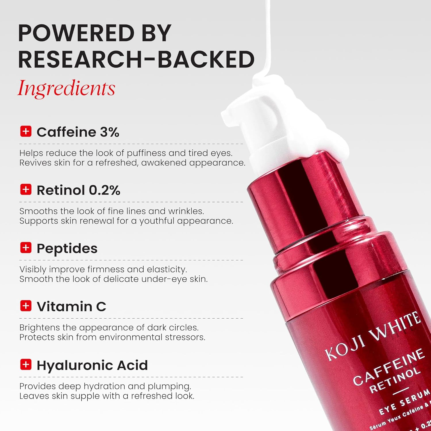 Koji White 3% Caffeine Eye Serum with 0.2% Retinol, Hyaluronic Acid & Vitamin C for Puffiness & Dark Circles - Unscented, Vegan, Fragrance-Free 15 ML (0.50 Fl Oz) image number 3