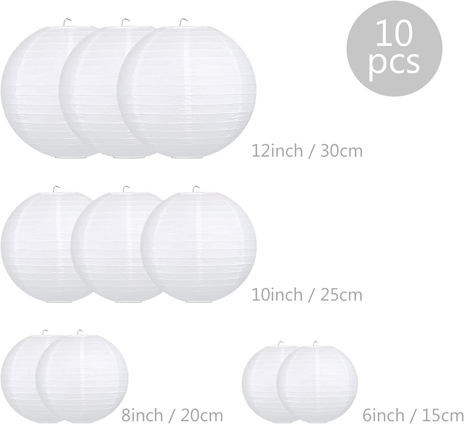 GWHOLE 6'' 8'' 10'' 12'' Paper Lanterns round Hanging Lamp Shade Lanterns - White (10 PCS) image number 6