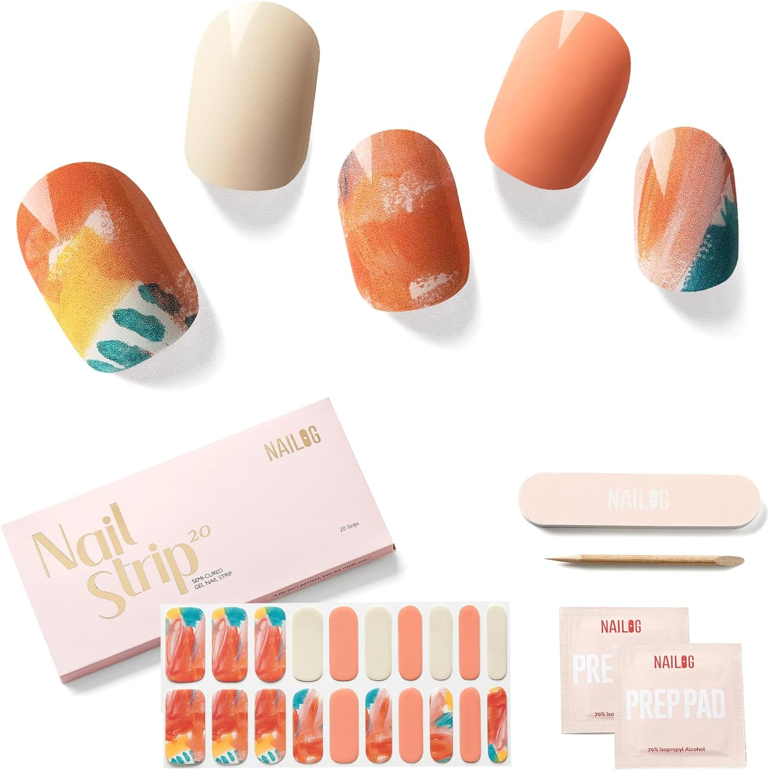 NAILOG Semi Cured Gel Nail Strips (20 Extra Long Nail Stickers) | Glossy & Long Lasting Soft Gel Finish Nail Wrap| Orange & White | Masterpiece