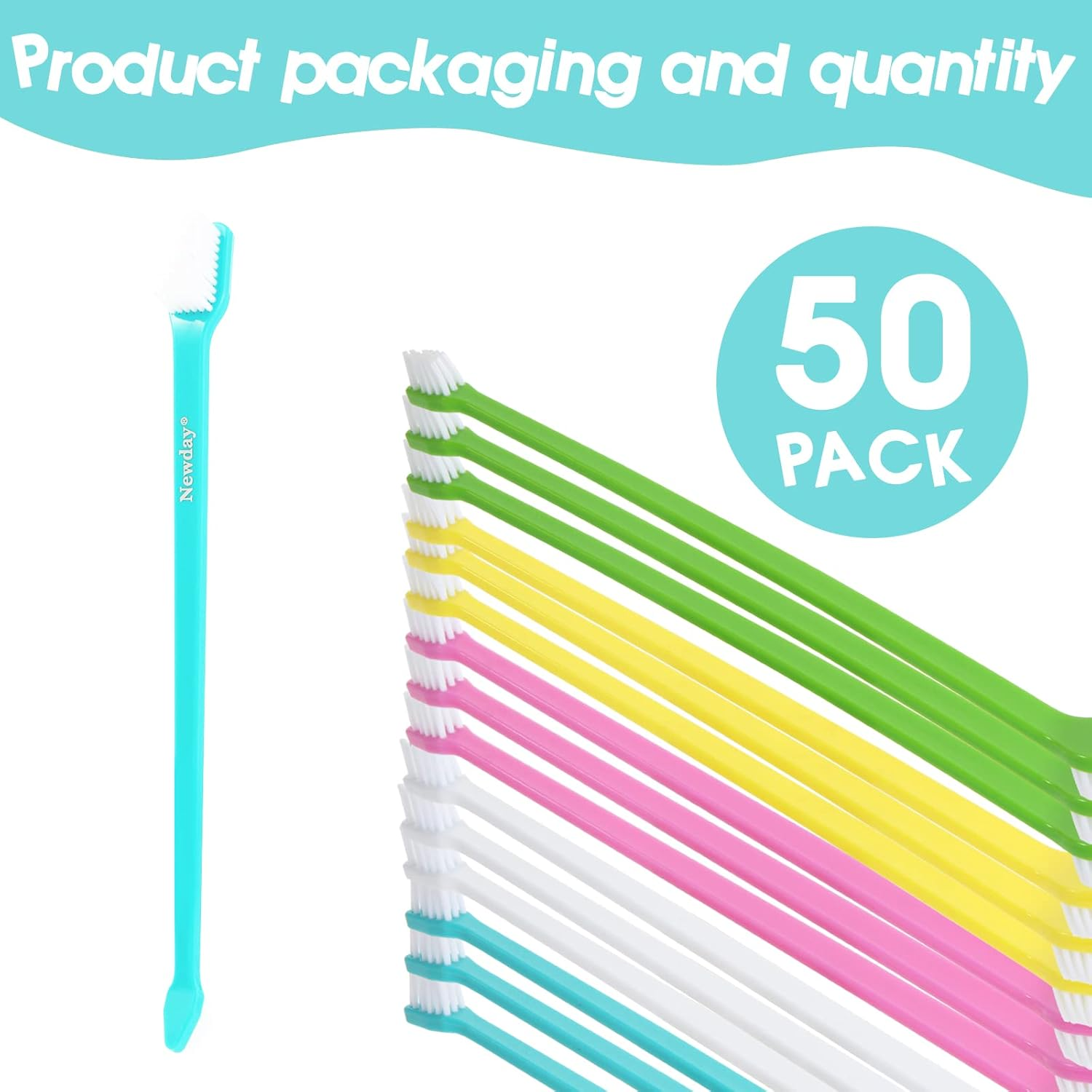 Newday 50 Pack Dual Ended Long Dog & Cat Toothbrush, Pet Safe Super Soft Bristles for Pet Dog Puppy Kitten Dental & Oral Care Teeth & Gums, Pet Toothbrushes in Box, Bulk Individual Polybag (Colorful) - 50 Pcs-Blue image number 7
