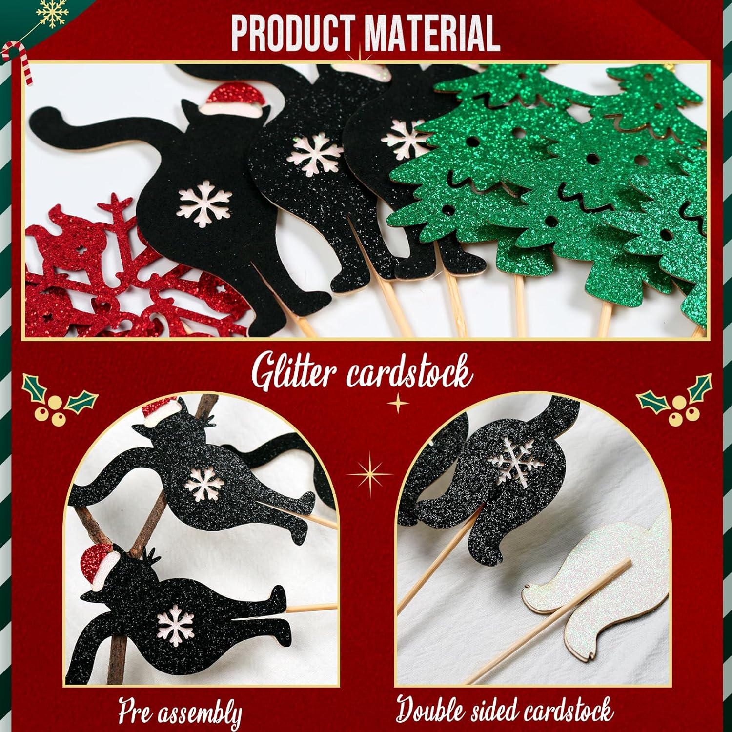 Black Cat Christmas Cupcake Toppers, Christmas Cat Party Decorations, Meow Christmas Party Decor, Christmas Cupcake Toppers for Cat Lovers, 24Pcs image number 6