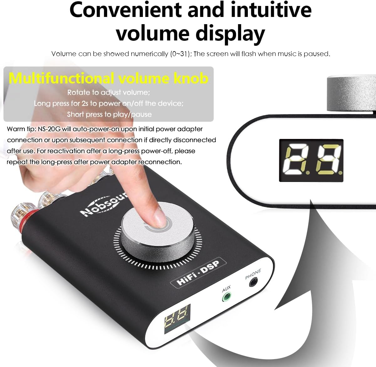 Nobsound NS-20G 200W Mini Bluetooth 5.0 Power Amplifier 2.0 Channel Wireless Receiver Hi-Fi DSP Stereo Headphone Audio Amp LED Display (Black) image number 1