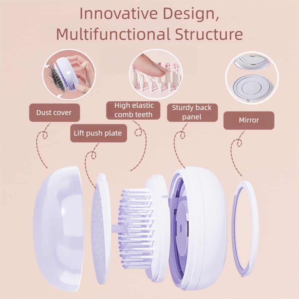Self Cleaning Hairbrush, Mini Travel Brush with Mirror, Portable Purse Brush for All Hair Types, Scalp Massager for Women Men Kids (Purple) image number 2