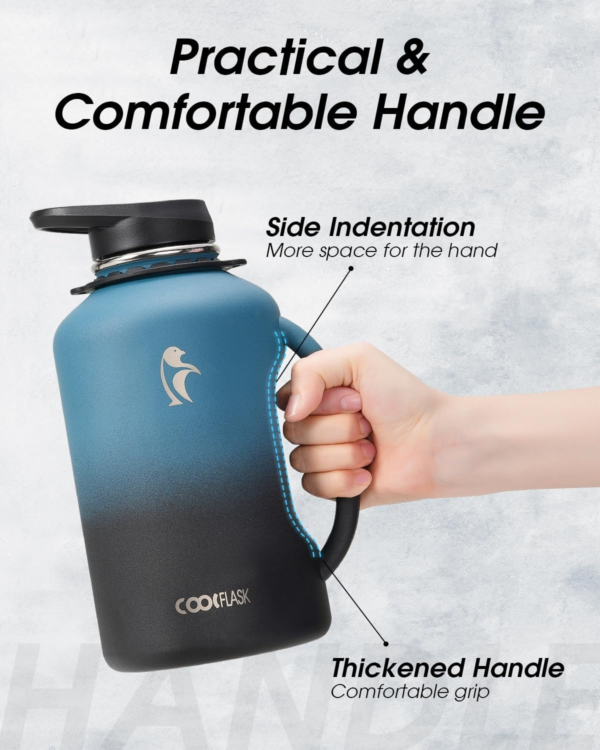 64 Oz Water Bottle Insulated with Handle, Coolflask Half Gallon Water Jug with Strap Straw Stainless Steel Double-Walled Vacuum Metal Large Flask Leakproof, Keep Cold 48 Hrs Hot 24Hrs, Prussian Blue - Magic Black image number 5