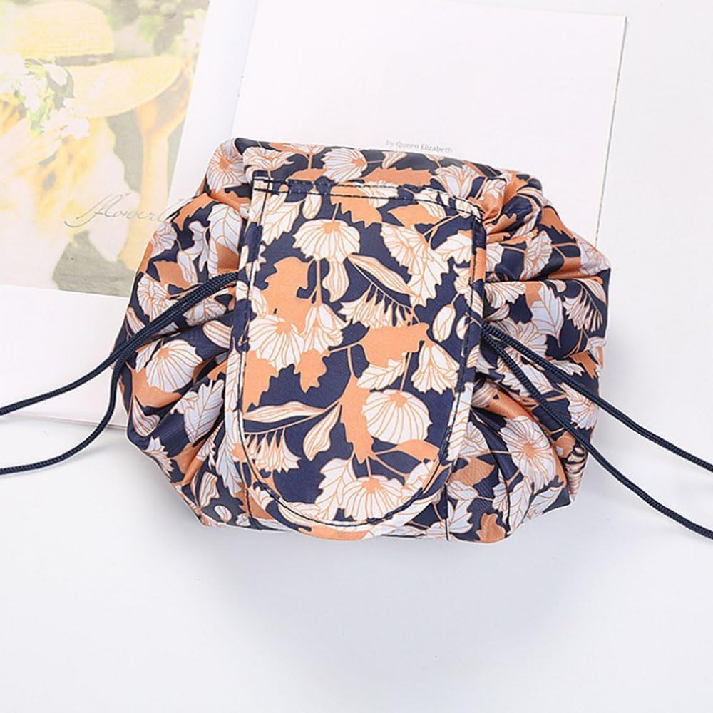JZS Lazy Makeup Toiletry Bag, Drawstring Cosmetic Makeup Bag Organizer Portable Quick Pack Toiletry Bag for Travel, Gifts, and Daily Use(Flower and Black) image number 4