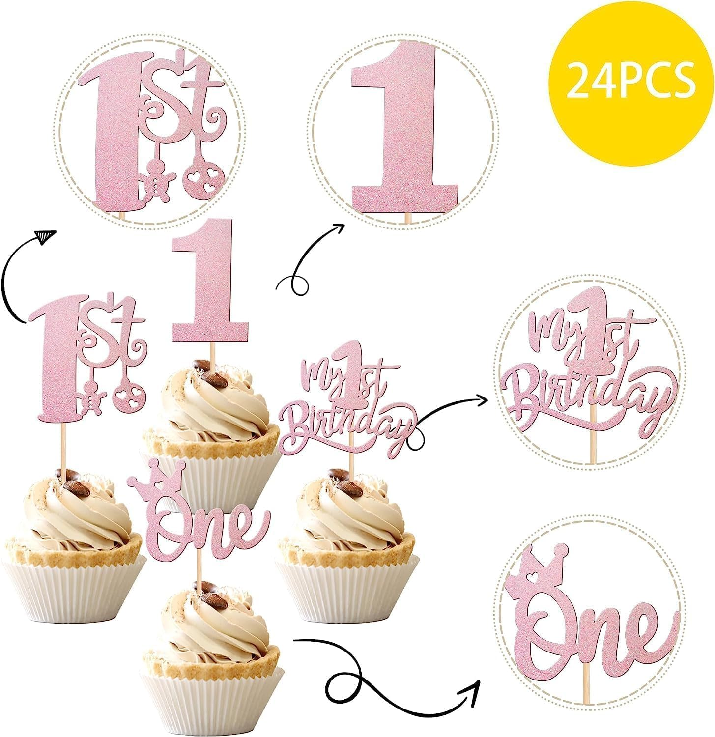 SYKYCTCY 24 Pack One Birthday Cupcake Toppers Glitter Happy 1St Birthday Cupcake Picks Crown Happy Birthday Cake Decorations for First Baby Shower Anniversary Party Supplies (Pink) image number 5