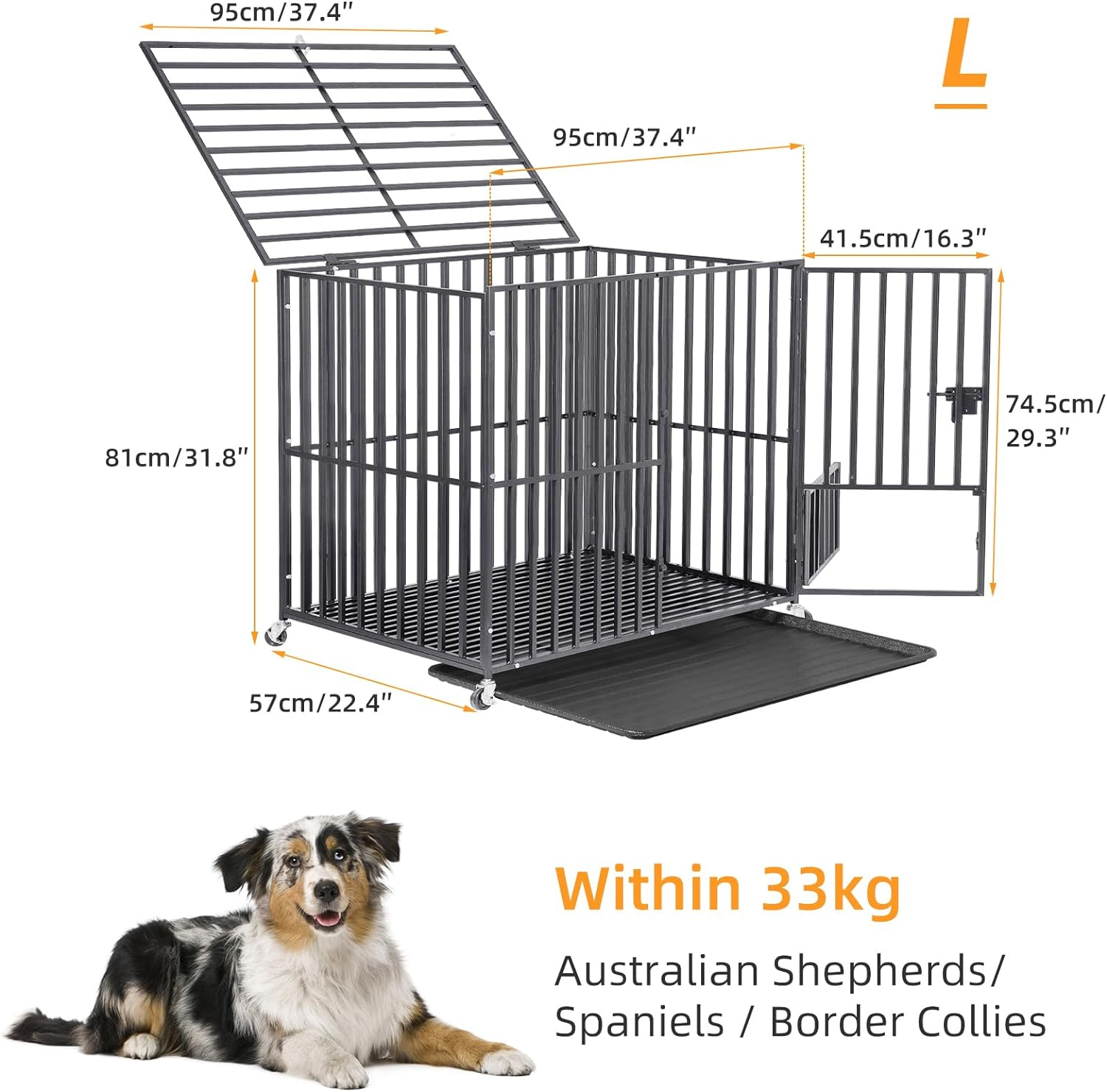 Bingopaw Heavy Duty Dog Crate: 38 Inch Wheeled Large Pet Cage with Tear Resistant Square Tube - Metal Military Puppy Cages with 2 Prevent Escape Lock and Tray L Size (95X57X81Cm) image number 2