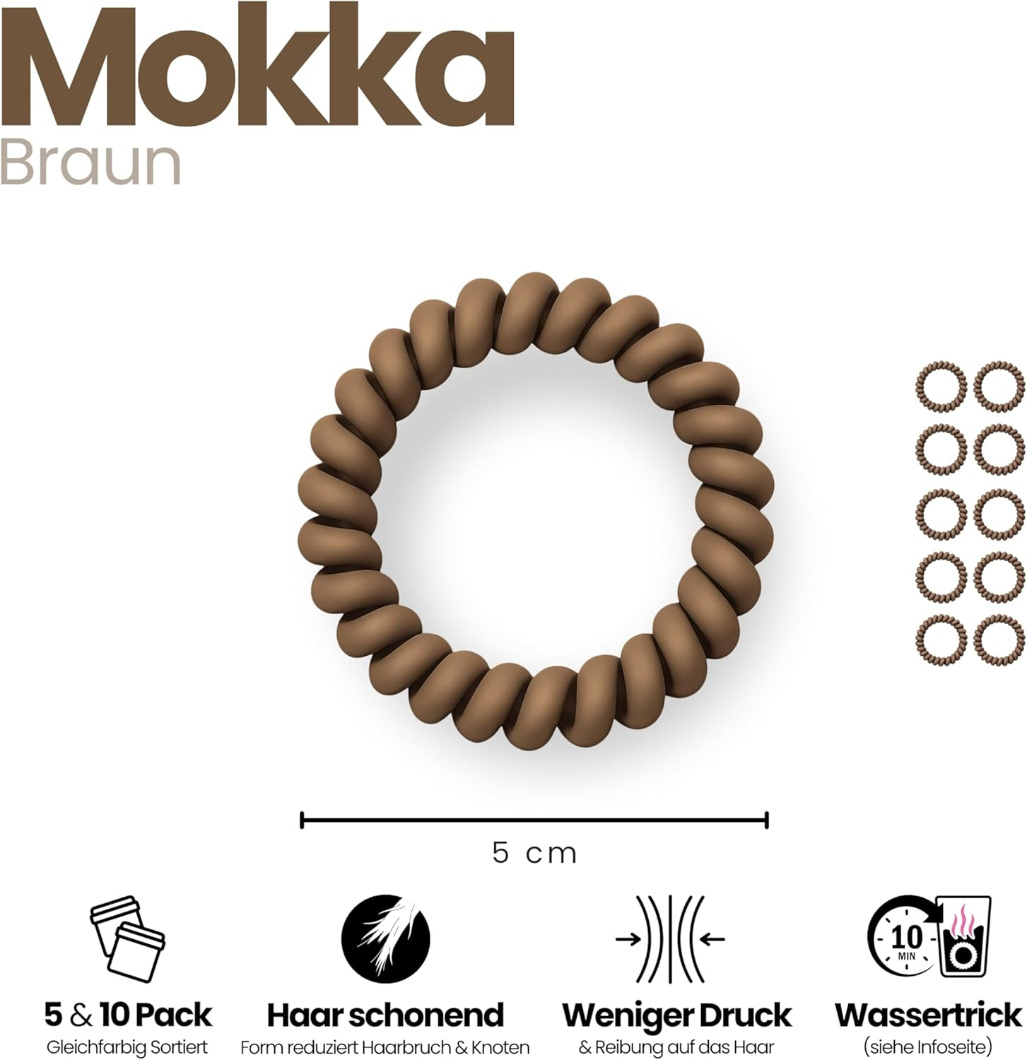Specora Spiral Hair Scrunchies Mocha Pack of 10-5 Cm - TPU - Telephone Cable Scrunchie - No Pulling & Tangling - Elastic, No Mark, Gentle on Hair image number 6