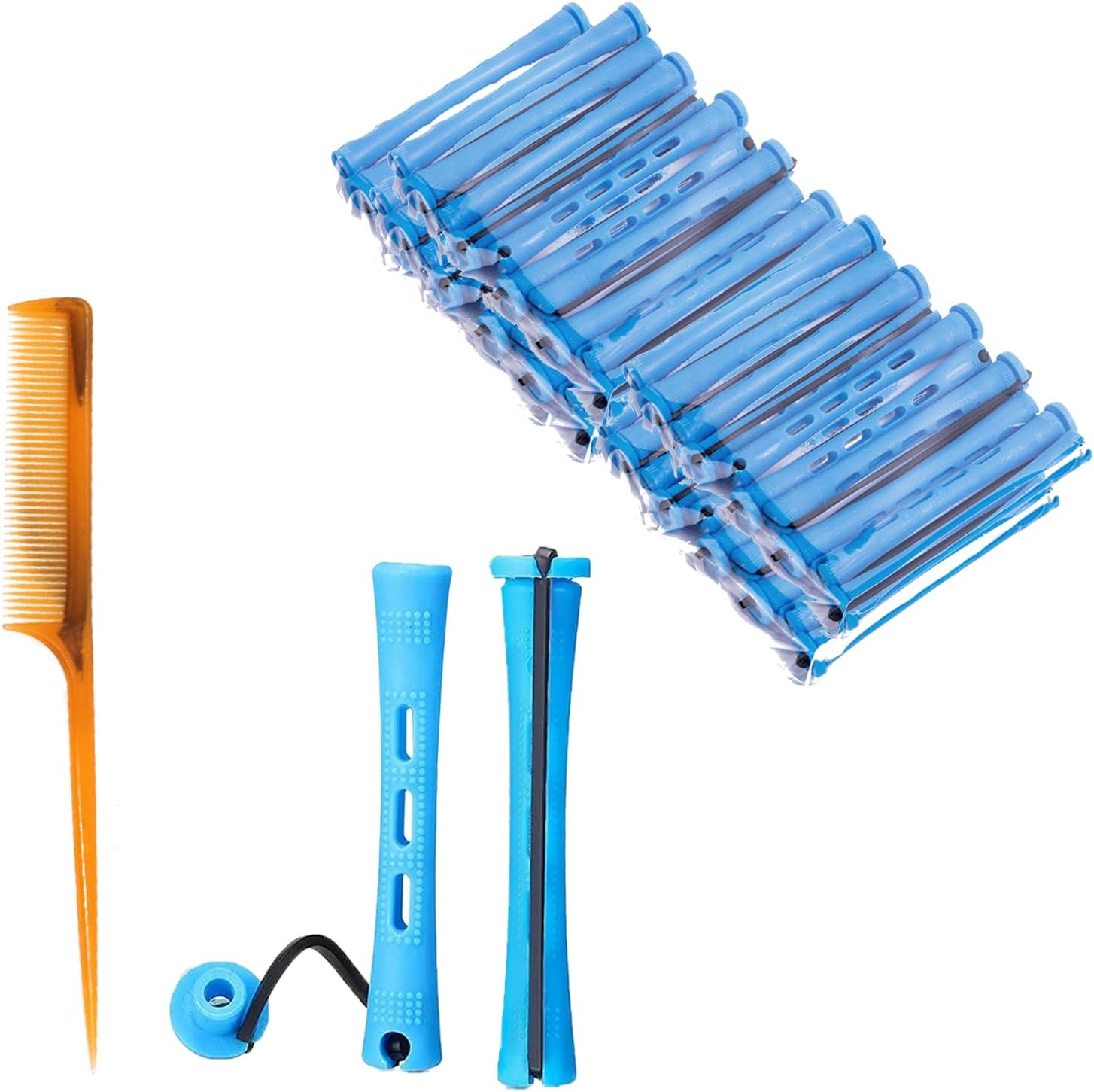 Yicoovey 60-Pack Small Plastic Blue Mini Curling Rods, 0.35-Inch, with Comb, Perm Set, Ladies' Hair Curler, Natural Short Hair Curler image number 4