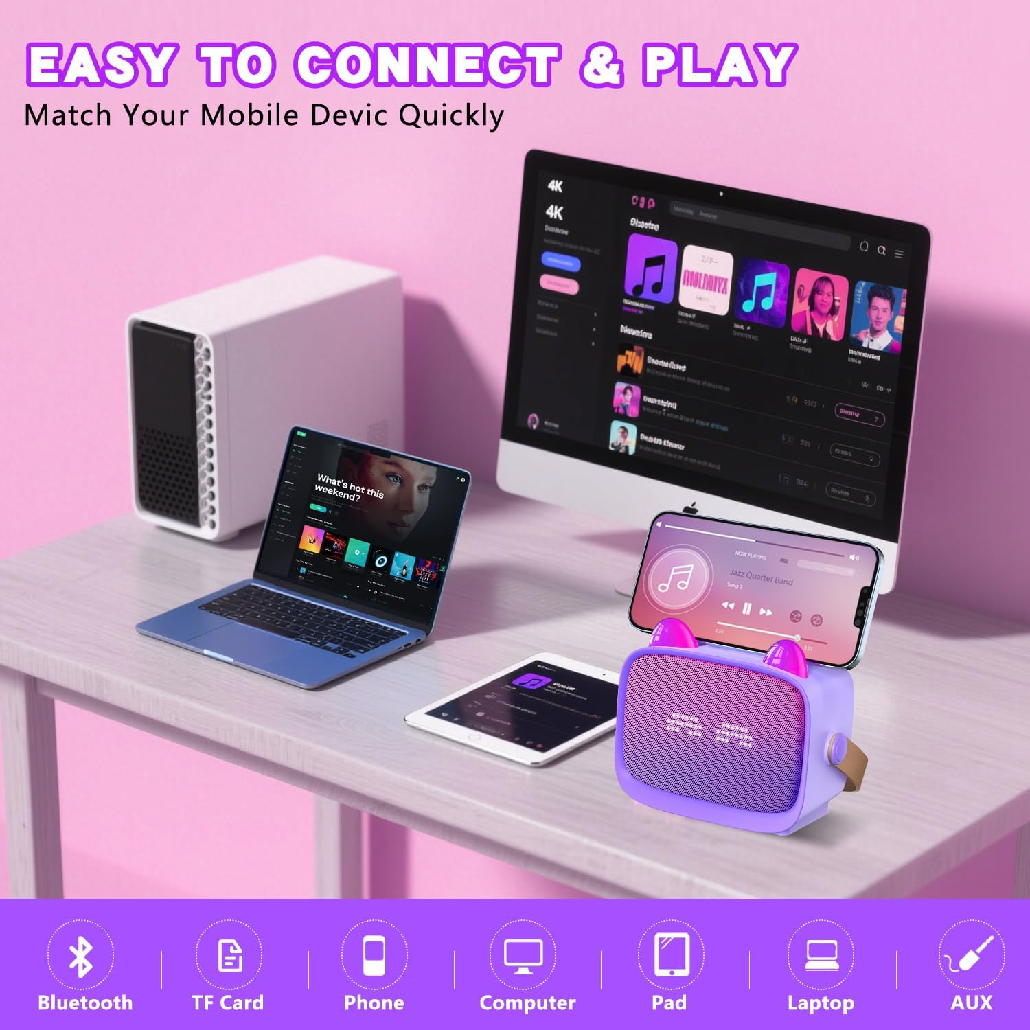 Mgaolo Upgraded Mini Karaoke Machine Toy for Kids, Portable Bluetooth Speaker with 2 Wireless Mics, Emoji & Colorful LED Lights, Home Travel & Party Play Gifts for Boys Girls (Purple) - Blue image number 4