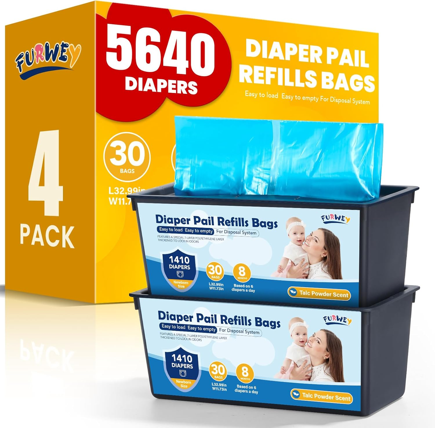 Diaper Pail Refill Bags 30 Bags per Refill Holds up to 5640 Newborn Diapers 7 Layer Odor Barrier Technology 4PACK (120 Bags) image number 2