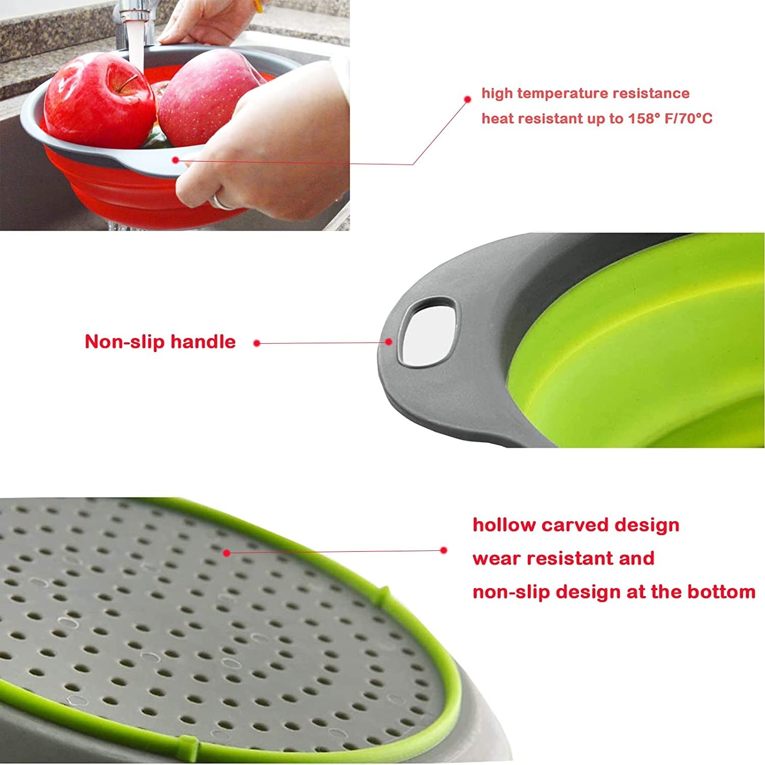 Collapsible Colander Set,Silicone Collapsible Strainer for Draining Pasta Spaghetti Fruits and Vegetables Colander Collapsible 1 Large & 1 Small Sizes Kitchen Mesh Strainers Tool Folding Colanders (Green) image number 5