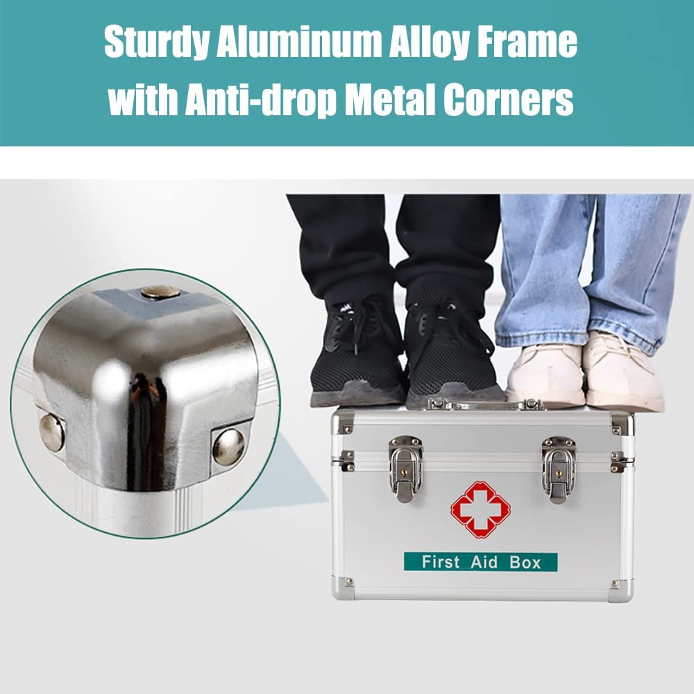 FOREVERIE Premium 14 Inches Empty First Aid Box with an Internal 3 Grid Tray and Shoulder Strap, Aluminum Alloy Framed, Portable Home & Work Medicine Box for Medical and Health Industry Workers image number 6