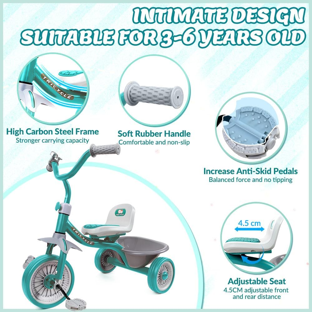 AUTOWT Kids Tricycles Age 2-4 Years, Toddler Kid Trike with EVA Wheels and Detachable Basket, Baby Balance Bike Ride-On Toys for Boys & Girls Birthday Gift Green image number 6