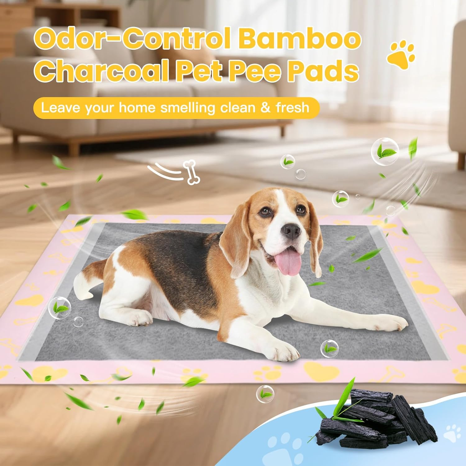 Advwin Bamboo Charcoal Training Pads, 100PCS Deodorizing Leakproof Quick Drying Dog Pee Pads, Super Absorbent Disposable Pet Training Pads for Dogs Puppies, Doggie, Cats, Rabbits - 60X60Cm image number 1