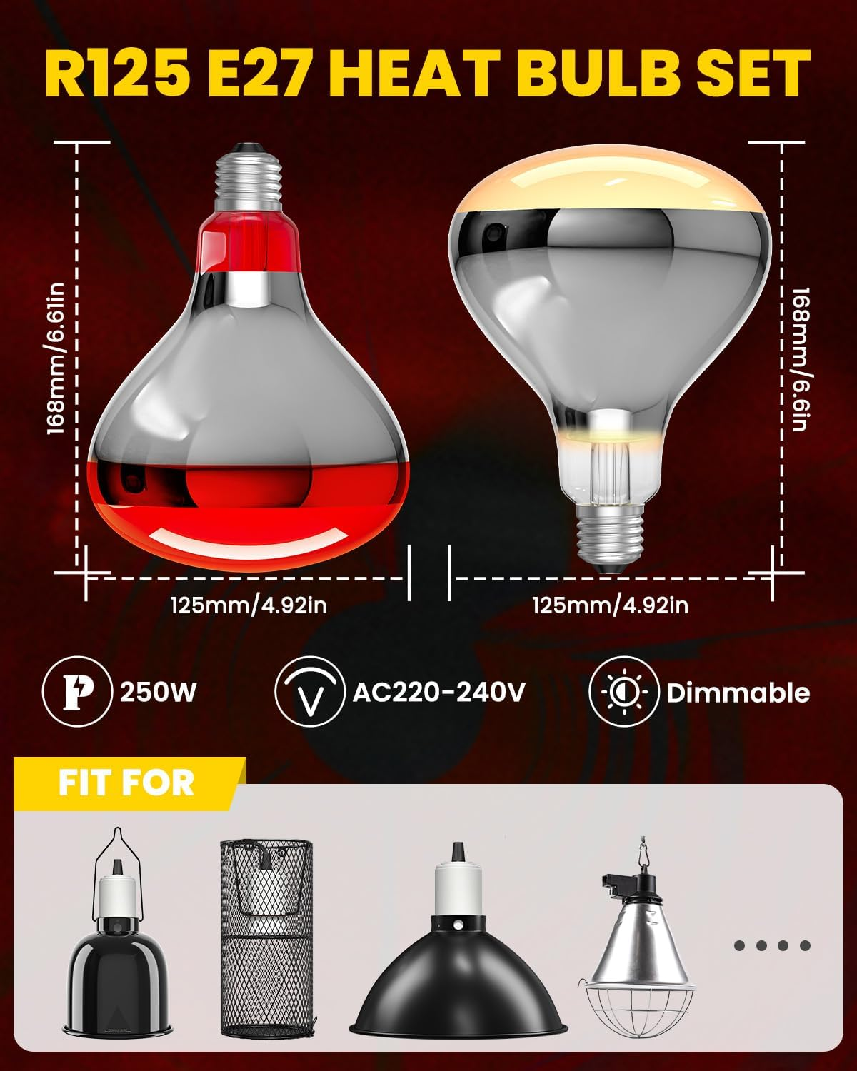 Glowup 250 W Heat Bulbs E27 Set - 1 X Infrared Red Light Lamp Heat Lamp + 1 X Daylight Heating Bulb for Chicken Coop Heating, Rabbits, Puppies, Piglets, Lambs, Kittens, Reptiles image number 1