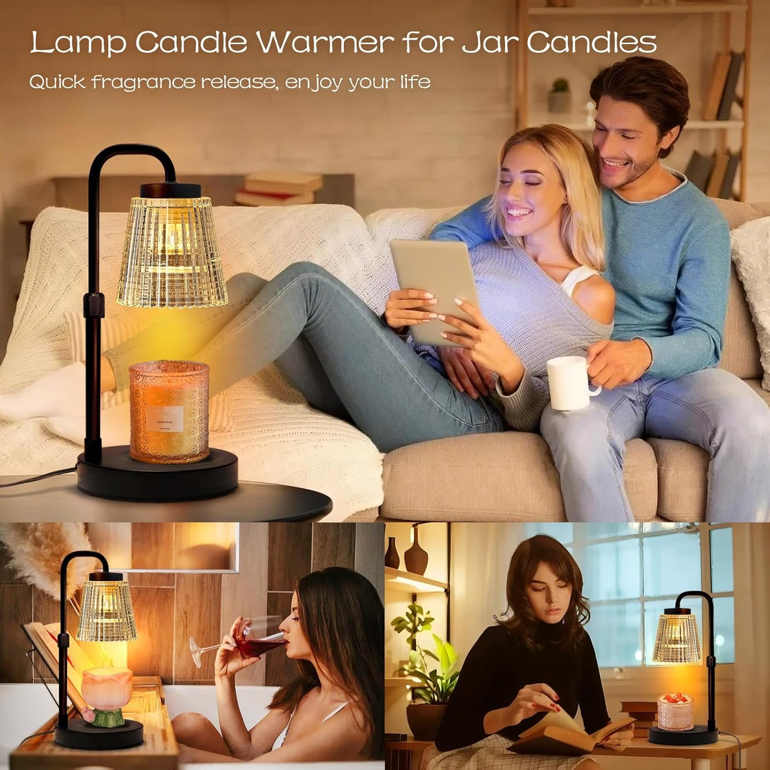 Candle Warmer Lamp with Timer, Adjustable Height Candle Warmer, Dimmable, Home Decor, Wax Warmer Lamp for Jar Candles with 2 Bulbs, Black