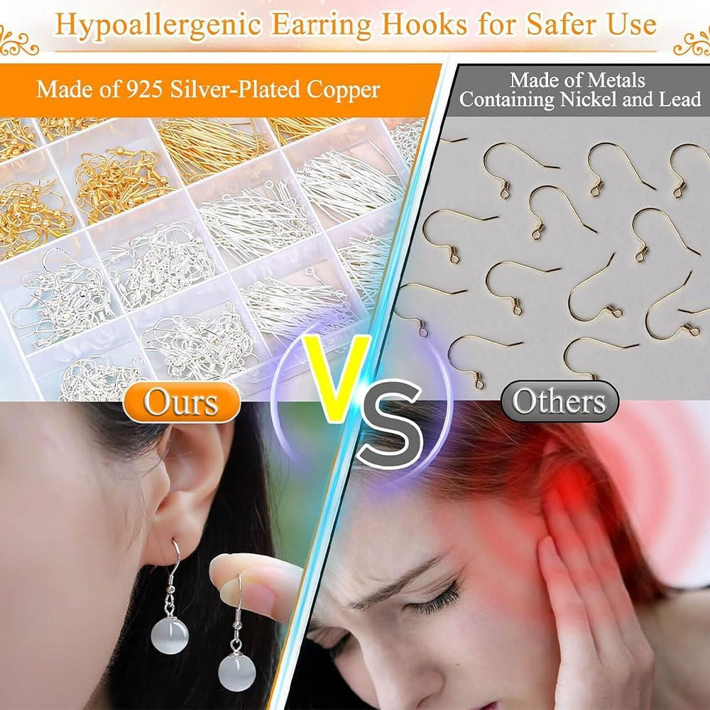 2000 Pcs Hypoallergenic Earring Making Kit,Earring Making Supplies Kit,Hypoallergenic Hooks, Pins Jump Rings,Jewelry Making Supplies image number 2