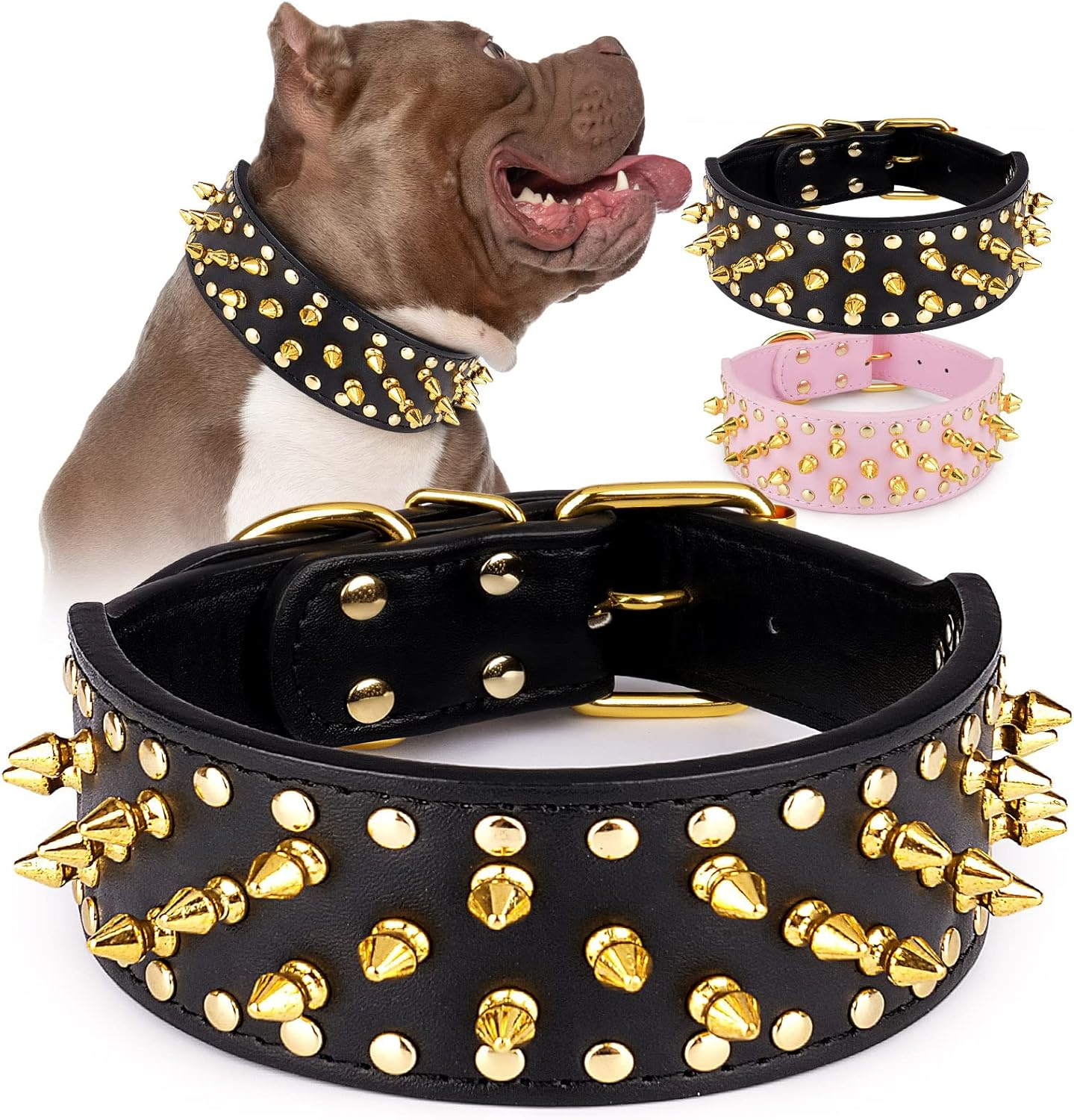 Epesiri Adjustable Wide Spiked Dog Collar, Mushroom Rivet PU Leather Cat Dog Collars, Durable Spike Studded Pet Collar for Small Medium Large Breed, Pitbull Mastiff Bulldog Pugs Husky Rottweiler, Pink