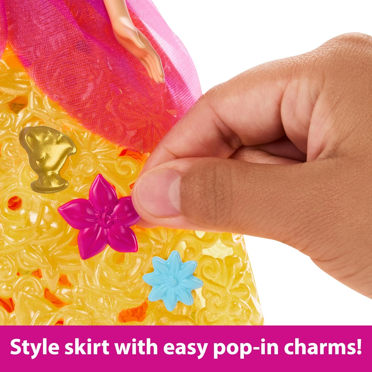 Mattel Disney Princess Belle Flower Fashion Doll with 20 Pop-In Charms, Customizable Skirt and Storage Case, Inspired by Disney Movie Beauty and the Beast image number 3