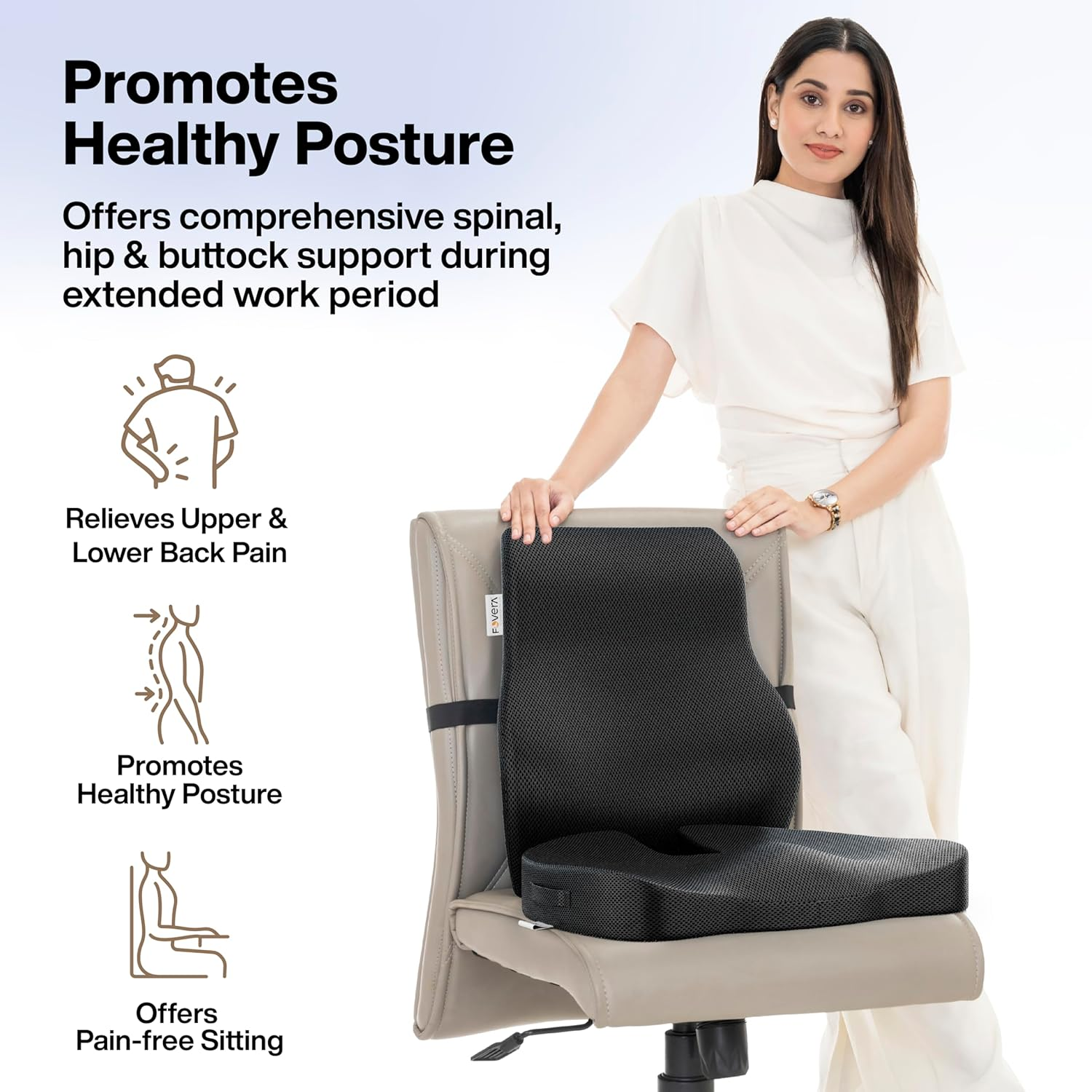 FOVERA Coccyx Seat Cushion for Tailbone & Back Support for Chair - Orthopedic Memory Foam Sitting Cushion Combo - Relieves Back, Sciatica, Hip, Seat Bone Pain - for Office & Home Chair