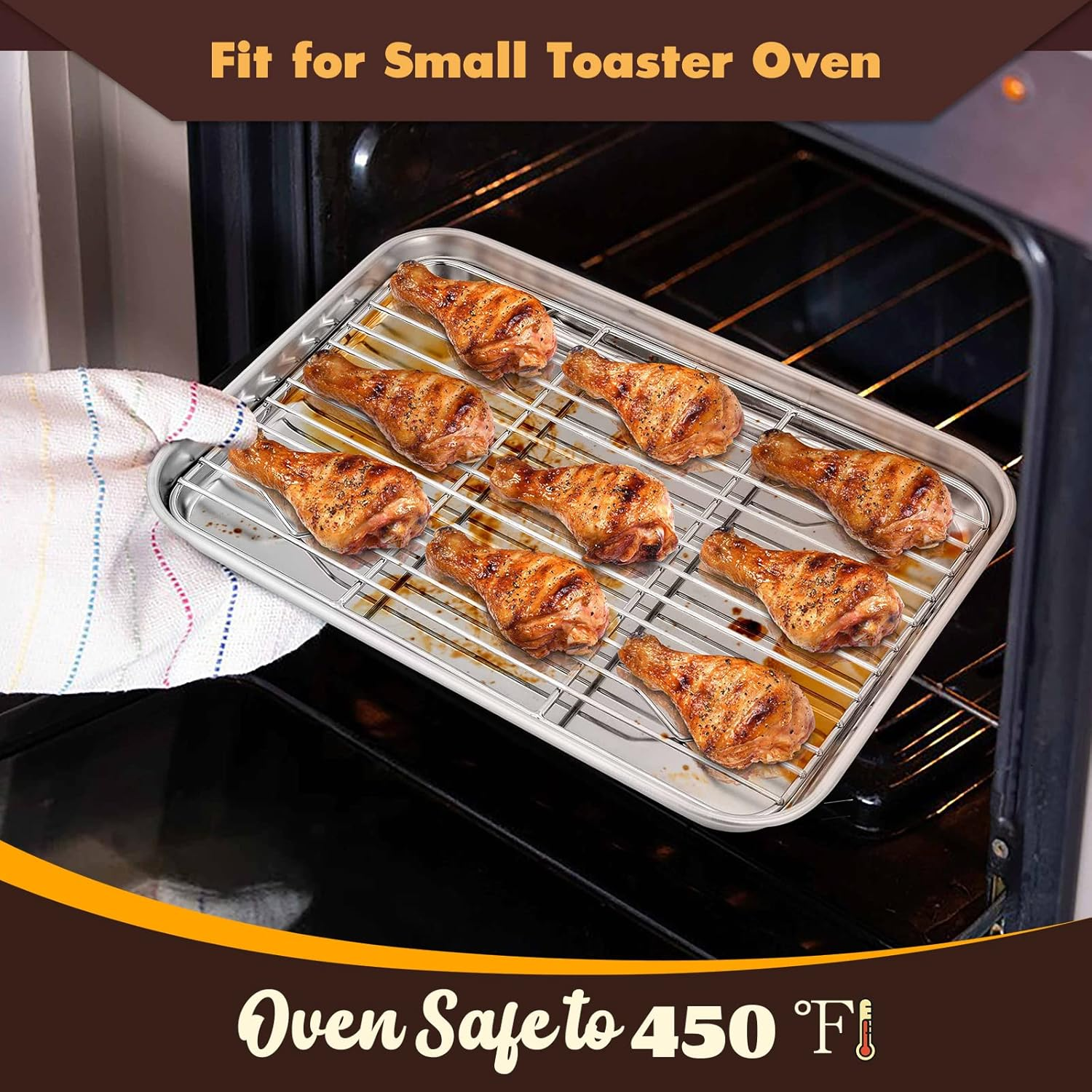 Metal Toaster Oven Tray Set, E-Far 10.5&rdquo;X8.3&rdquo; Small Stainless Steel Baking Pan with Wire Rack for Cooking Broiling, Rimmed Metal Sheet for Roasting Cooling Cookie Bacon Steak