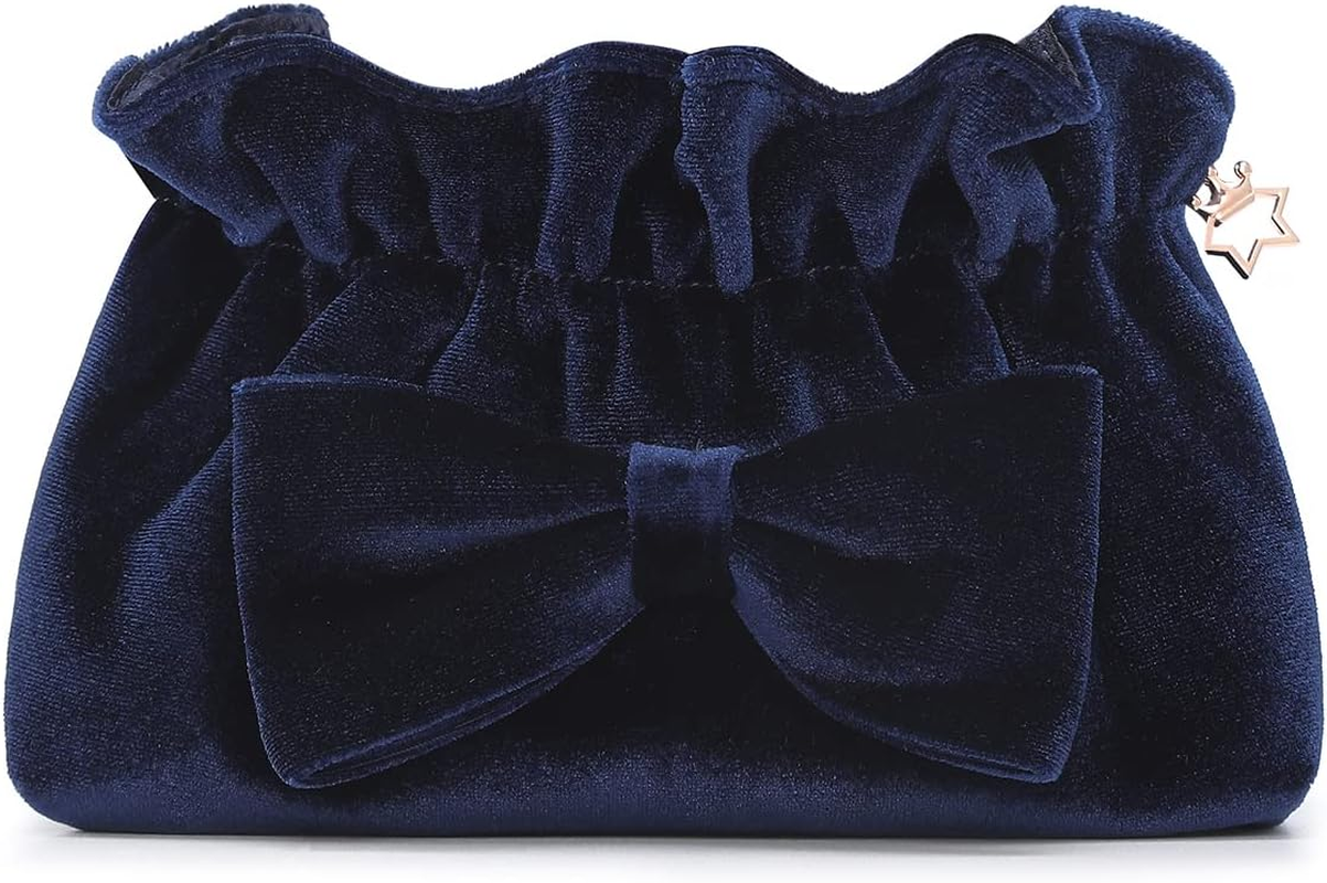 Lazy Drawstring Make up Bag Portable Travel Cosmetic Bag Makeup Pouch Storage Organiser Toiletry Bag for Women Girls Vanfn P.Travel Series (Bow-Blue Red)