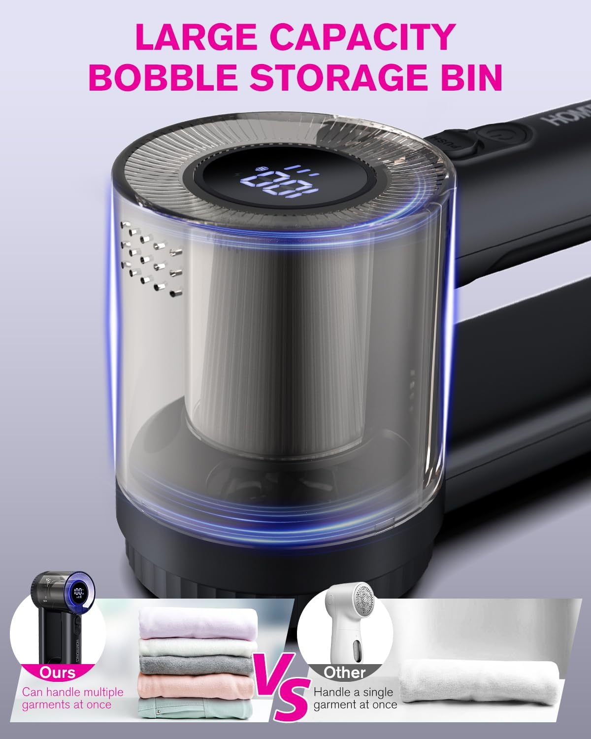 Electric Lint Shavers, [2000Mah Battery] [6-Leaf Blade] Homtronics Rechargeable Lint Remover with 3-Speed, LED Display, Dual Protection, Fabric Shaver Perfect for Clothes, Sweater, Couch (Black) image number 2