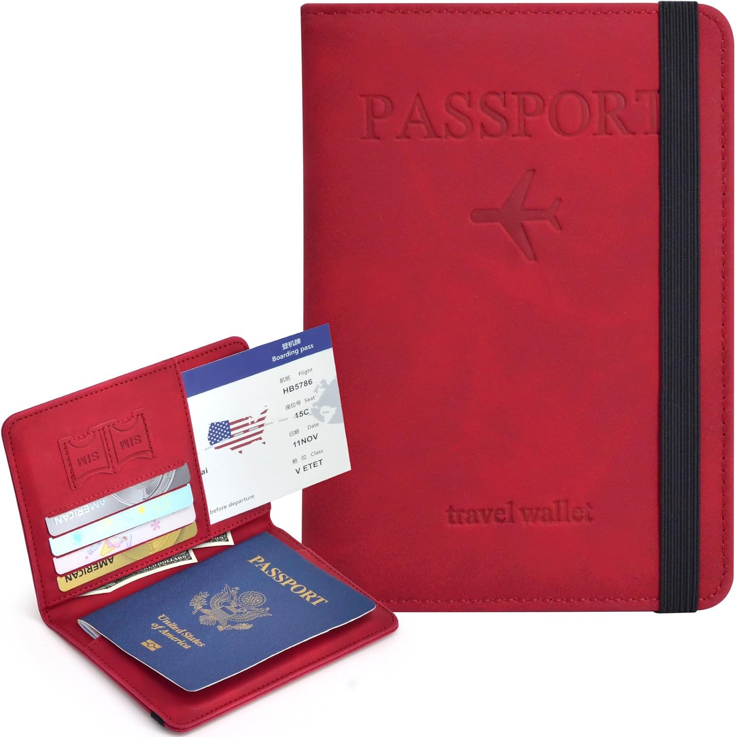 Passport Holder, Passport Cover with Credit Card Slot and Boarding Pass Slot Combo, Passport Wallet Case Book Travel Must Have, RFID Blocking Leather Travel Accessories, Red, Classic image number 3