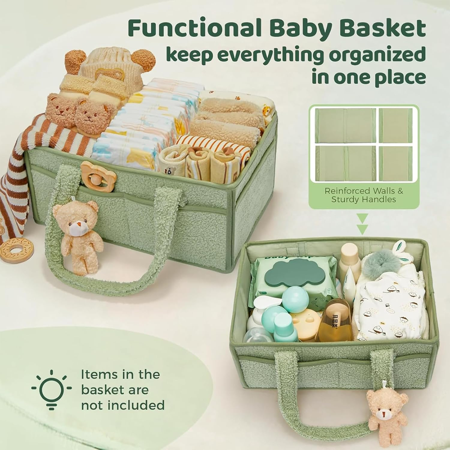Baby Nappy Caddy Diaper Caddy Organizer， Baby Storage Basket for Diapers and Wipes，Portable Holder Tote Holder Tote Bag ， Car Nursery Organizer Diaper Bag Gift Accessories， Bring a Bear (Green) - Off-White image number 4