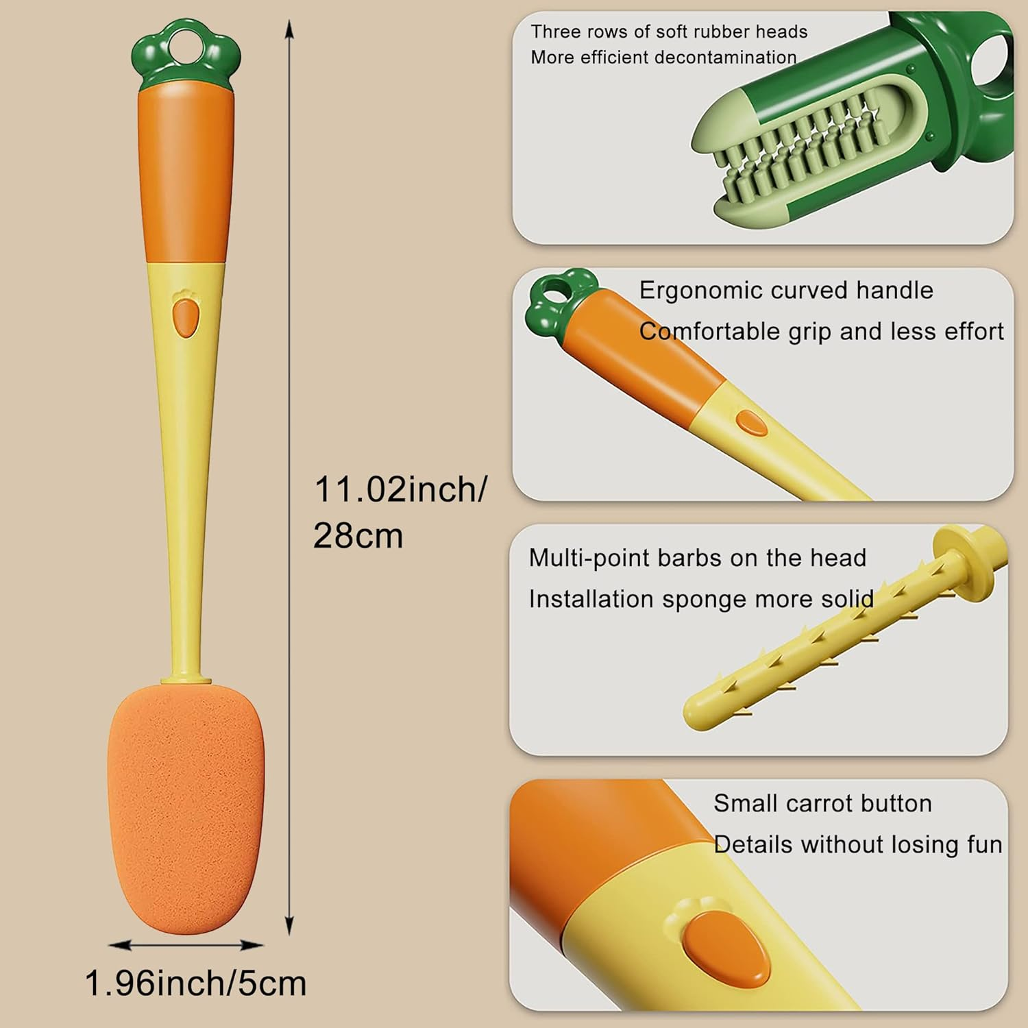 3-In-1 Multifunctional Cup Brush, Cleaning Brush in Carrot Shape, Sponge Brush Long Handle Bottle Cleaner Brush for Hydroflasks, Insulated Bottle, Vase, Narrow Neck Containers (2 Orange) - Green image number 6