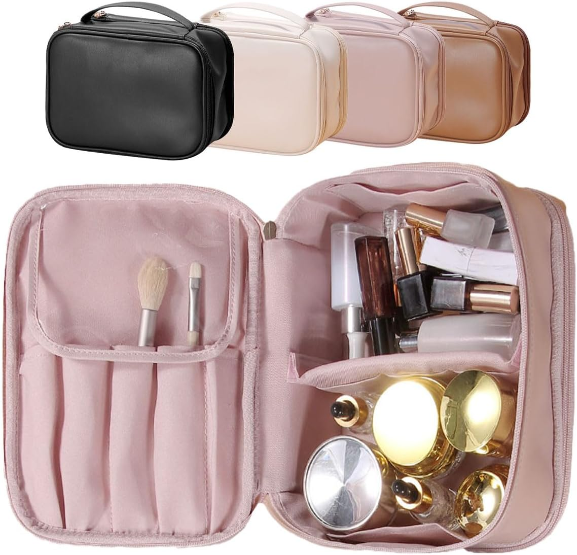 PU Large Capacity Travel Cosmetic Bag Women'S Double Layer Makeup Multifunctional Jewelry Box Skincare Storage (Pink)