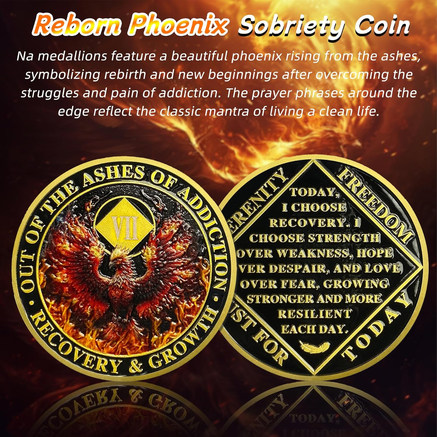 Delicate Phoenix 7 Year Na Medallions - Reborn from Fire Sobriety Coin - 7 Years Recovery Addiction Token - Celebrate Clean and Sober Chip - 1-20 Prime Narcotics Anonymous Gifts for Men Women image number 6