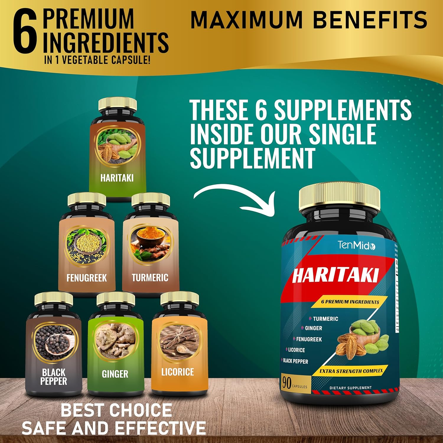 Haritaki Supplements Extract Capsules with Turmeric, Ginger, Fenugreek, Licorice, Black Pepper | Nourishes, Rejuvenates Body | 3 Months Supply, 90 Capsules image number 6