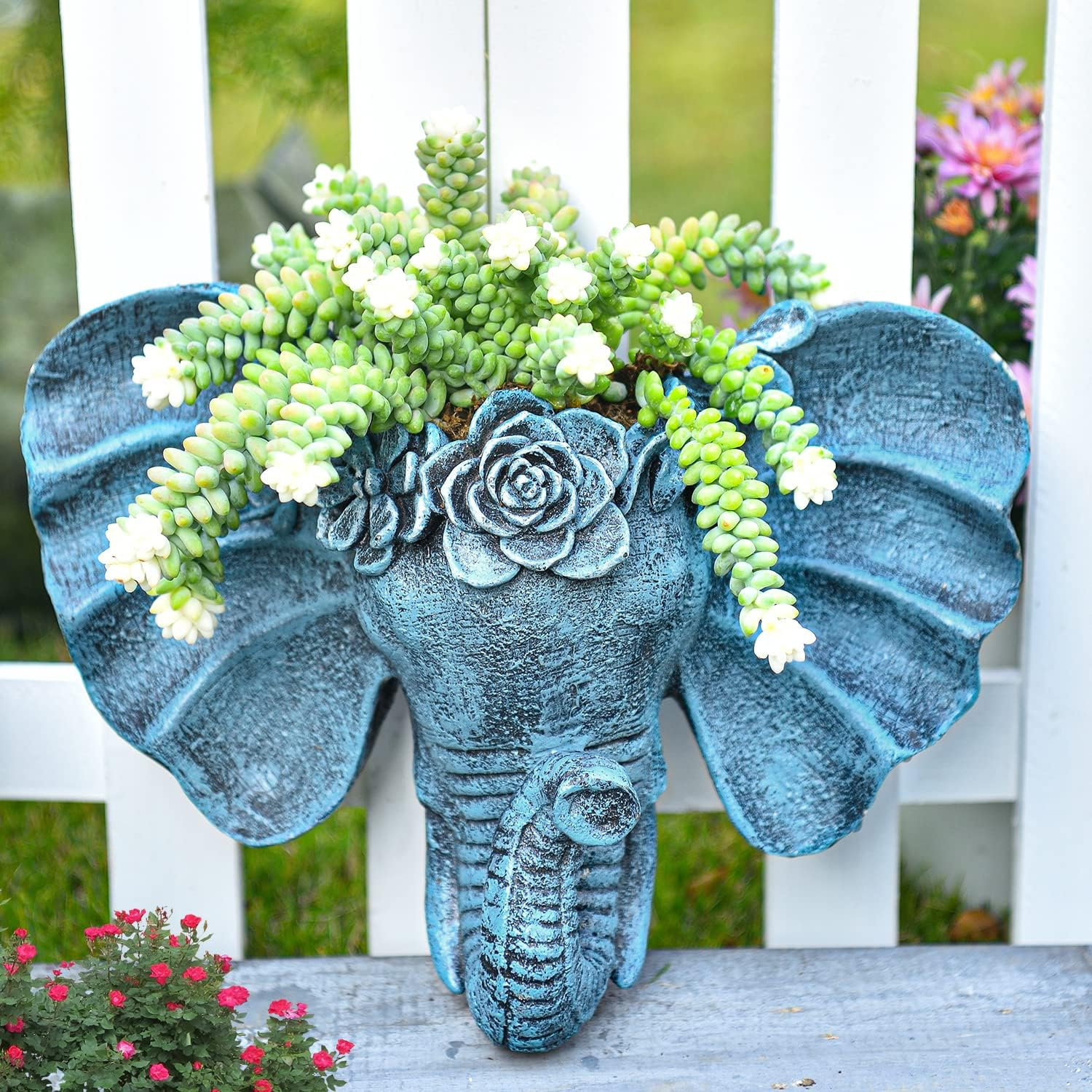 Sungmor Elephant Head Shaped Wall Hanging Planter Flower Plant Pot - Resin & Hand Painted & Grey - Sculpture Garden Wall Decoration Outdoor Plant Container