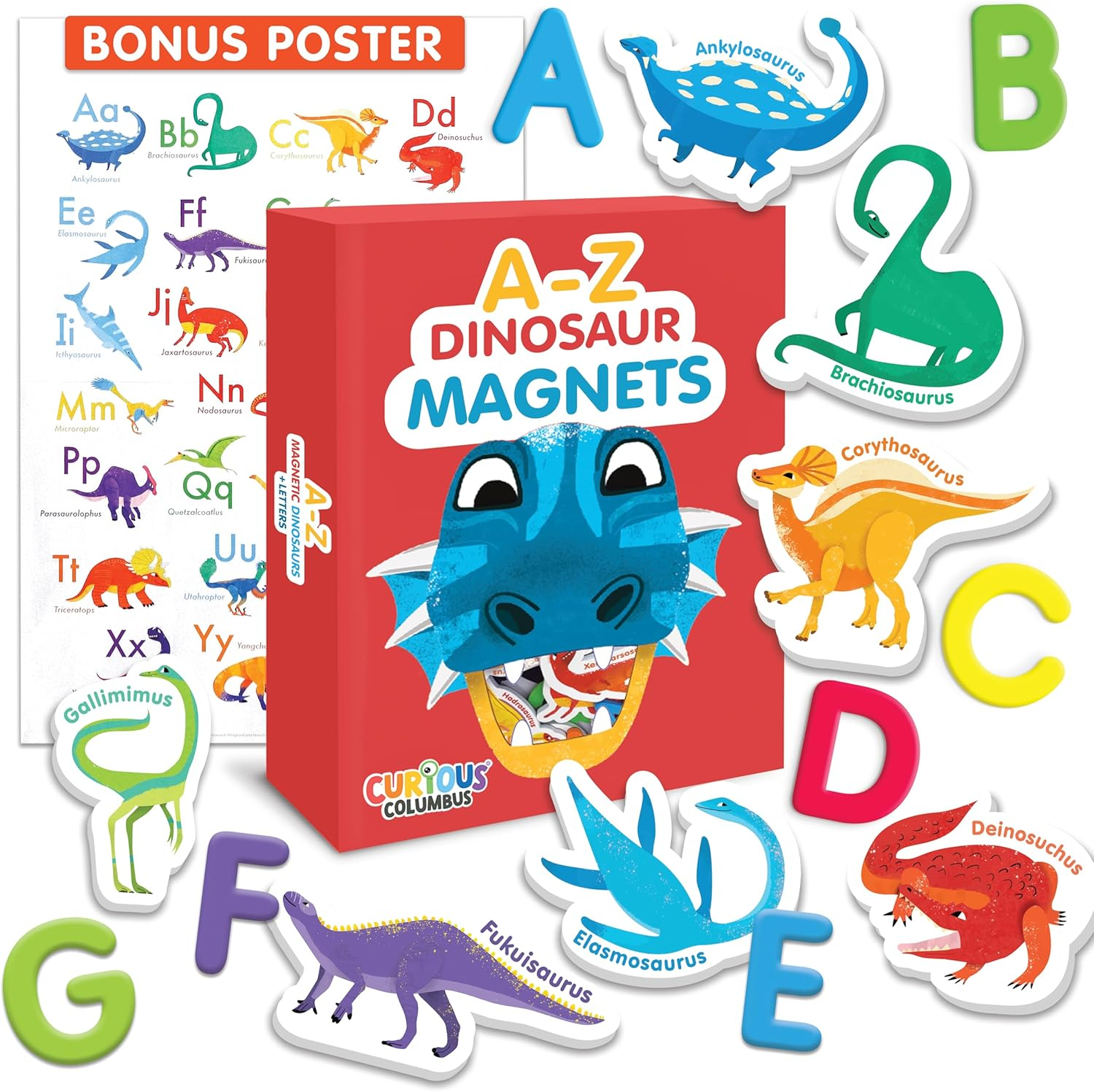 Curious Columbus Dinosaur Magnets &ndash; Magnetic ABC Letters for Toddlers &ndash; Fun Fridge Magnets for Kids with Alphabet Learning & Preschool Activities