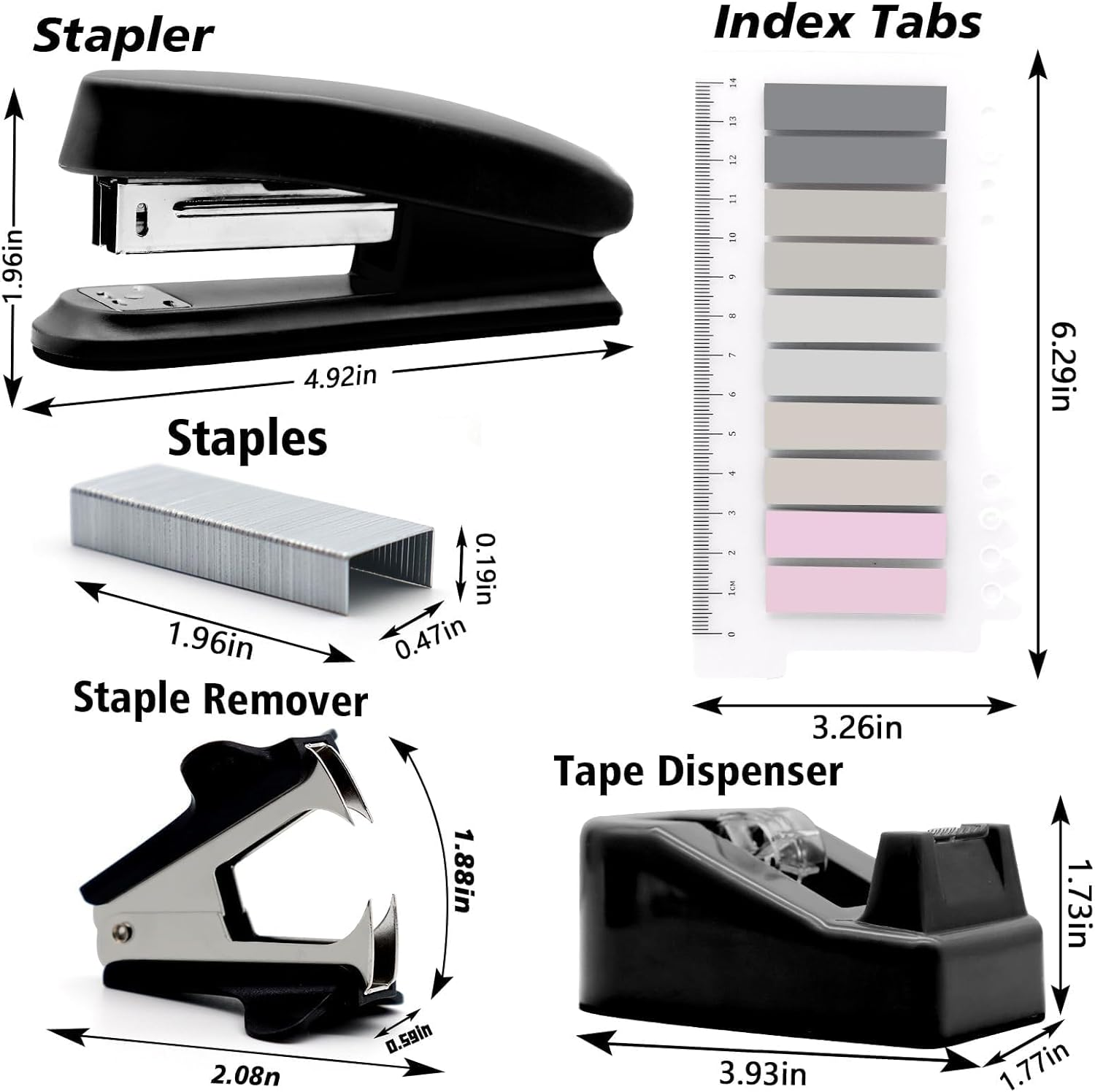 Bytebliss Black Desk Accessories Kit - Stapler, Tape Dispenser, Scissors, Clips & Tabs - Office, School & Travel - Classic Style image number 1