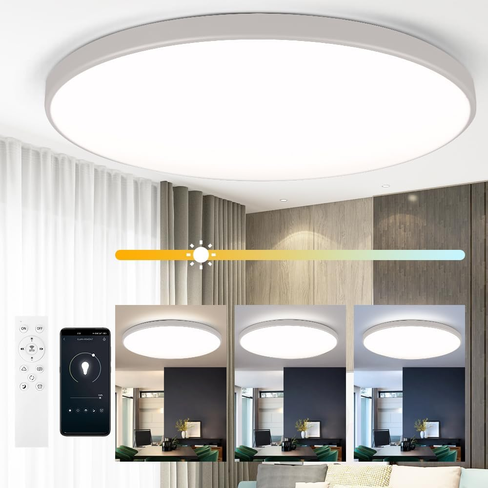 SILAMPDI Led Ceiling Light Wifi Tuya Control, 24W Smart Ceiling Light Black, RGB Mode with Remote Control 16 Million Colors Timer & Memory 3000K-6500K Connect Alex Google Siri for Bedroom Living Room