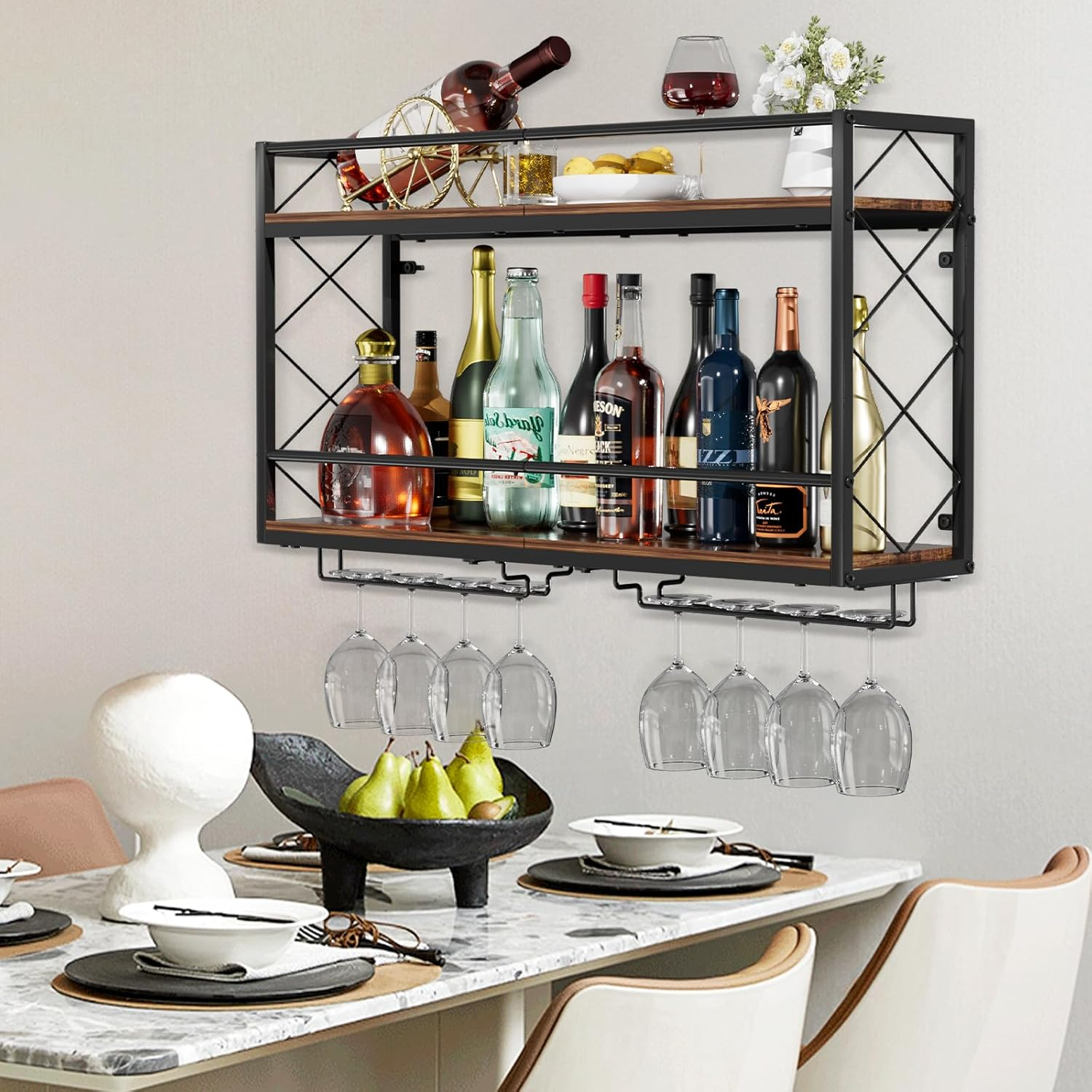 NEYCIL Wine Rack Wall Mount 2 Tier Wall Wine Rack with Glass Holder, Anti-Drop Crossbar, 31.5 Inch Metal Wine Rack for Home Kitchen Dining Room Bar, Black image number 2