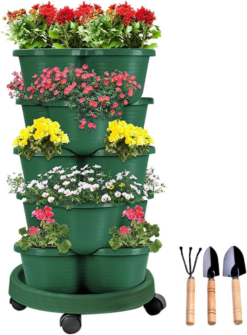 5 Tier Vertical Garden Strawberry Stackable Planters Herbs Petunias Pancy, Vegetable Planter Indoor Outdoor Gardening Pots with Removable Wheels and Tools (White)