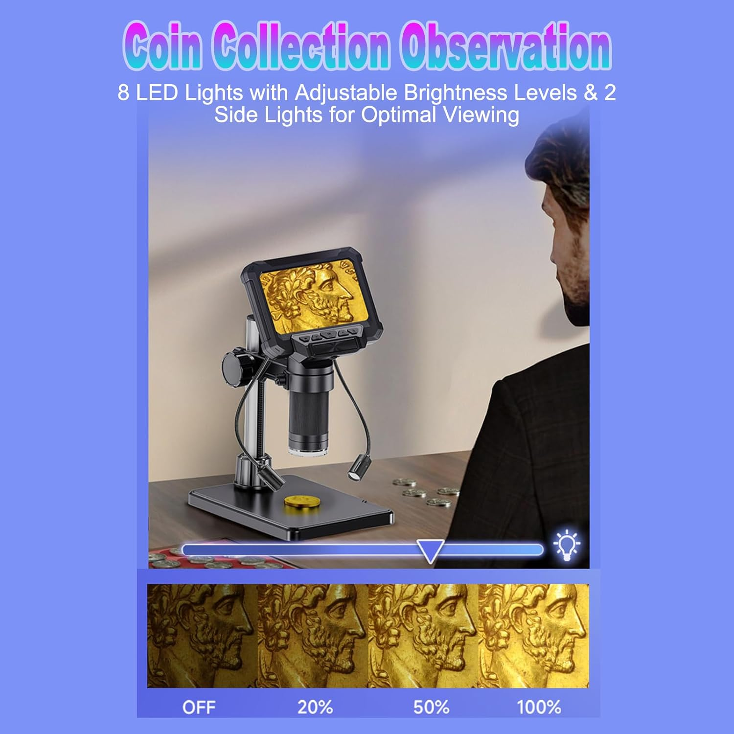 Jectse 4.3 Inch Digital Microscope, 1000X Magnification 1080P HD Screen with 10MP Camera, 8 LED Lights for Stamp Jewelry Inspection Soldering PCB Repair image number 3