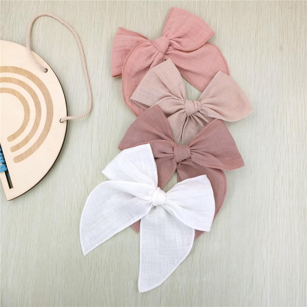 Pack of 4 Gorgeous Fable Bow Hair Clips for Girls Women Linen Hair Bow Alligator Clips Toddler Baby Mom Young Girl Hair Accessories (Antique Natural)
