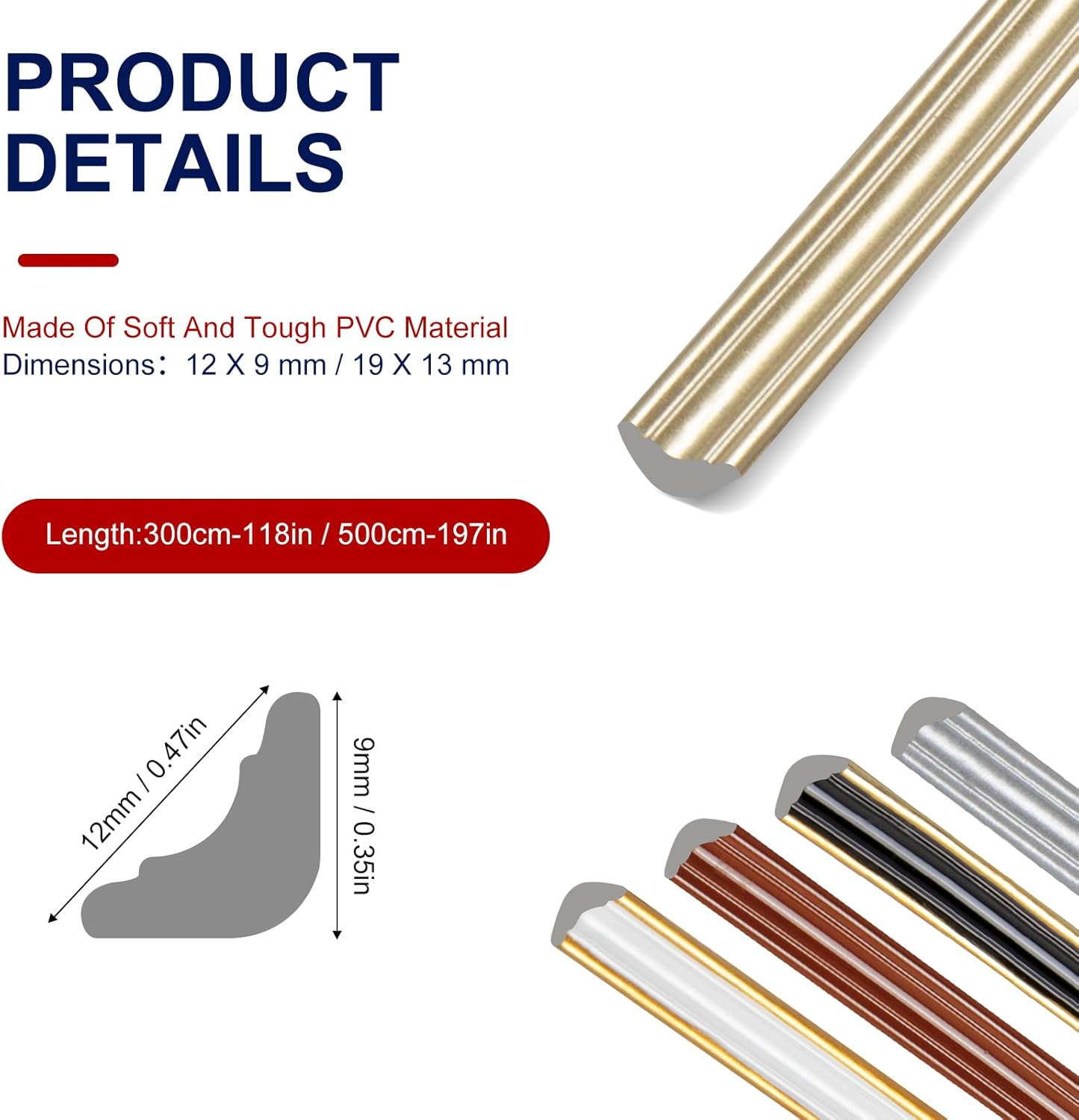 300Cm Flexible Moulding Trim Adhesive,Pvc Coving for Ceilings Waterproof,Corner Trim，Self Adhesive Trim for Wall，Edge Corner，Windows Door Mirror Frame and Border Edge(12 X 9Mm / Champagne Gold) image number 1