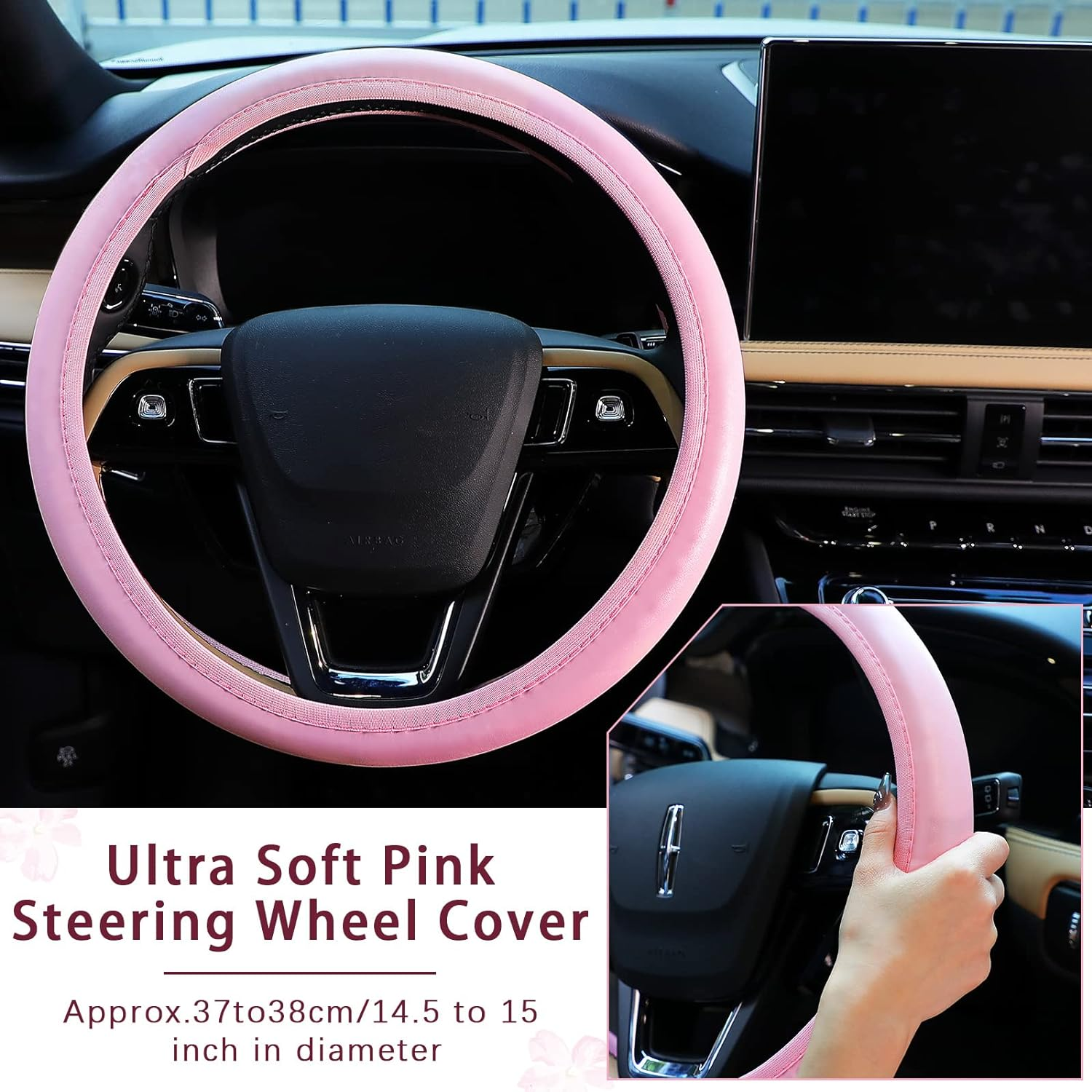 Frienda 10 Pcs Leather Steering Wheel Cover Set for Women 14.5-15 Inch Car Accessories with Seat Belt Shoulder Pad Seatbelt Cover Cup Holder Start Button Ring Sticker Air Vent Clip(Pink) image number 1